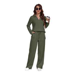RONGTAI 2 Piece Outfits Sweatsuit For Women Casual Long Sleeve V Neck Pullover Tracksuit Solid Soft Comfy Tracksuits Set
