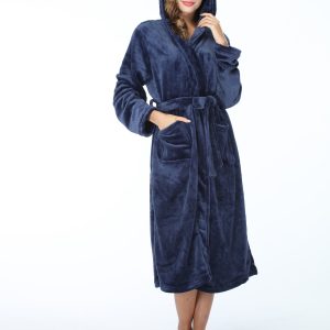 RONGTAI Womens Long Robes Plush Fleece Nightgown Thick Hooded Bathrobe With Pockets Fluffy Sleepwear For Men