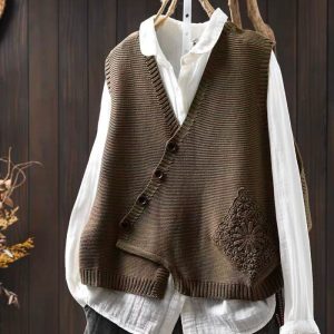 Women's V-neck Cotton Knitted Vest Cardigan