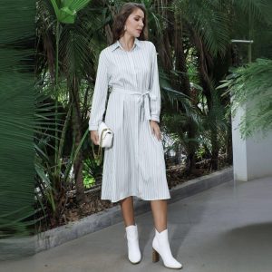 Striped Lapel Long Sleeve Women Commuter Dress