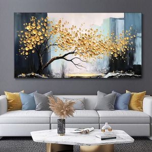 Large Abstract Handmade Painting Abstract Golden Tree Still Life Canvas Painting Wall Art  Lucky Tree Landscape Modern Home Living Room Decor