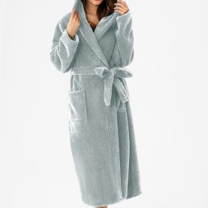 RONGTAI Womens Hooded Robe Long Plush Fleece Bathrobe With Pockets Nightwear S-XXL