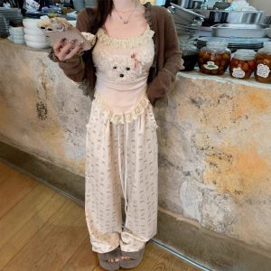 Bear Suspenders Coffee Color Cardigan Bow Pants Suit