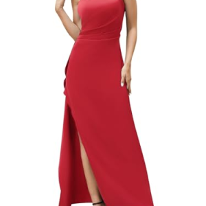 Slim-fit Solid Color One-shoulder Pleated Split Satin Dress