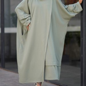 Sage Green Oversized Cape Dress With Hooded Design