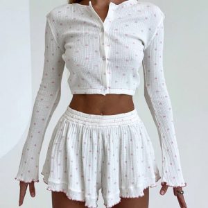 Heart Printing Fashion Long Sleeve Shorts Midriff Outfit Home Daily Wear Suit Pajamas