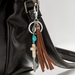 Cross Leather Rope Tassel Pendant Keychain Pendant