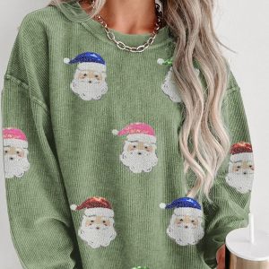 Grass Green Corded Ribbed Sequin Patched Santa Claus Graphic Sweatshirt