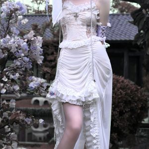 God's Redemption Chinese Style White Gothic Drawstring Mesh Dark Strap Dress Summer