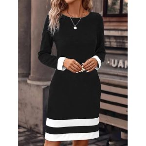 New Fashion Fitted Color-block Long-sleeve Dress With Round Neckline