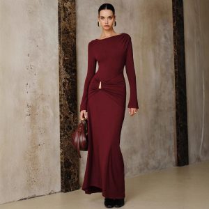 Women's Fashion Elegant Burgundy Long Dress With Metal Accessories, Slim Fit