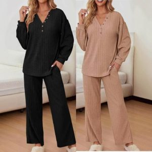 Casual Fashion Long Sleeve Thread Knitted Top Wide Leg Pants Suit