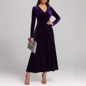 V-neck Long Sleeve Evening Dress Pleuche Dress