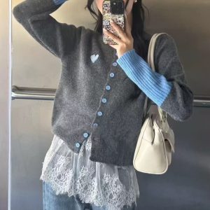 Women's Casual Fashion Gray Contrast Color Sweater