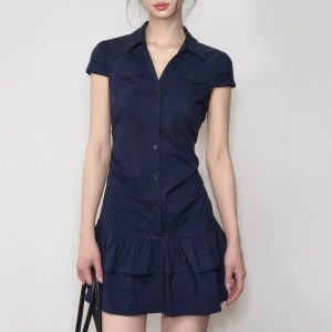 Stretch Short Sleeve Easy Matching Waisted Shirt Dress