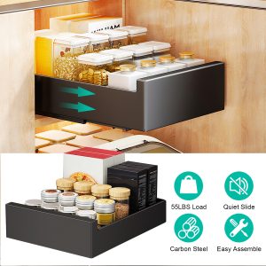 1Pc Pull Out Cabinet Organizer Carbon Steel Slide Out Drawer Storage Smooth Quiet Slide Rails For Kitchen Bathroom Living Room Black 11.81x16.92x2.75inch