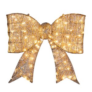 Pre-lit Outdoor Giant Bowknot Christmas Decoration, Lighted Metal Frame With 124 Warm White LED Lights, For Front Door Gate Wall Indoor Outdoor Holiday Party, Golden