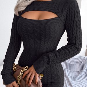 Autumn And Winter Sexy Hollow-out Cable-knit Waist-cinching Bodycon Sweater Dress