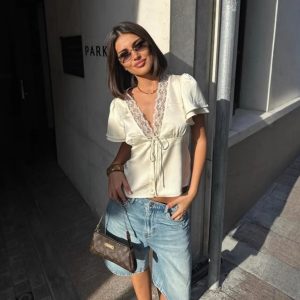 Fashion V-neck Lace Stitching Lace Up Slimming Short Sleeve