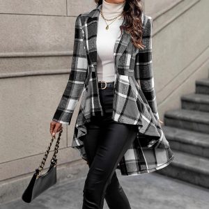 Plaid Pattern Button Front Jacket Long Sleeve High And Low Flared Jacket