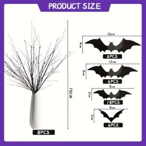 8 PCS Curly Willow Branches 29.5 Inch Artificial Bendable Stems Black Branches With 32Pcs Halloween Bat Stickers For Halloween Wreath Home Party Decorations