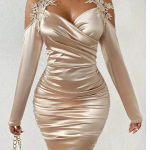 Spring And Autumn New Satin Elegant Lace Bodycon Dress With Pleated Skirt