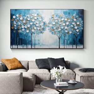 Abstract Blue Tree Of Life Canvas Hand-Painted Oil Painting Modern Lucky Fortune Tree Large Size Boho Home Decor