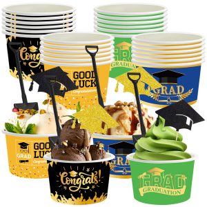 24Pieces Graduation Ice Cream Cups With Decorative Picks And Spoons Set Congrats Grad Disposable Dessert Bowls For Hot Or Cold Food 8 Oz Graduation Party Favor Paper Food Containers For Sundae Snack F