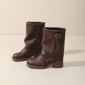 Vintage Style Chunky Heel Leather Boots For Women, Fashion Mid-Calf Boots With Buckle Accents For Comfort And Style