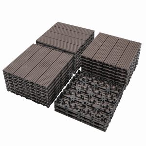 Wood Plastic Composite Deck Tiles Set Of 20, Sustainable FSC Composite Decking Resist Rust, Water, Weather, Easy To DIY & Maintain, Ideal For Patios, Balconies, Rooftops, Light Coffee Color
