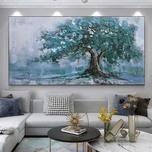 Large Handpainted Palette Knife Green Big Tree Oil Painting On Canvas Modern Abstract Landscape Art Poster Wall Pictures Home Decor