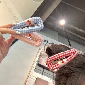 Cute Plaid Cherry Barrettes Girl Forehead Broken Hair