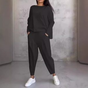 Women's Solid Color Casual Tappered Round Neck Long Sleeve Two Pieces