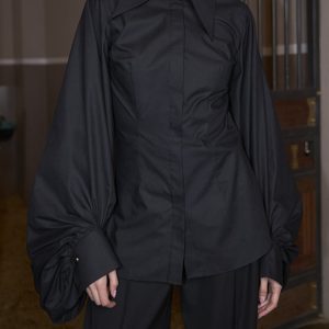 Black Oversized Collar Balloon Sleeve Shirt