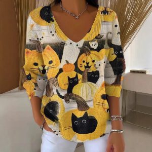 V-neck Long-sleeved Sweater Floral Loose Sweater