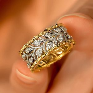 Two-tone Ring Wheat Leaves Delicate Ornament Inlaid Zircon Elegant