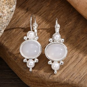 Silver Round Crystal Eardrops Retro Creative Ladies Artificial Pearl Earrings