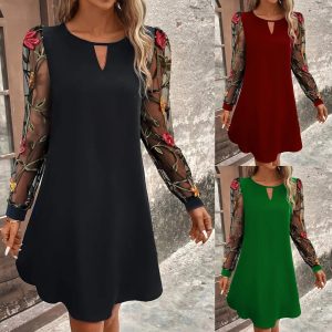 Women's Round Neck Lace Long Sleeve Dress