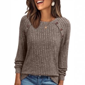 Round Neck Sunken Stripe Brushed Solid Color Top Long Sleeve