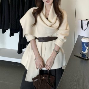 Women's Polyester Scarf Collar Knitted Cardigan Jacket Short Coat With Belt