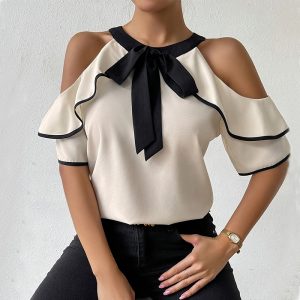 Women's Double-layer Short-sleeved Bow Collar Shirt Pullover
