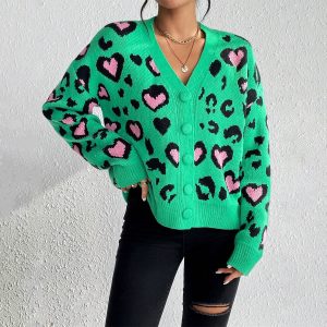 Women's Colorful Leopard Jacquard Knitted Sweater Coat