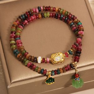 Rainbow Tourmaline Abacus Beads Double Ring Bracelet