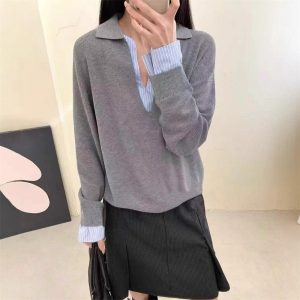Temperament Pure Color Striped Stitching Korean Loose Casual Sweater
