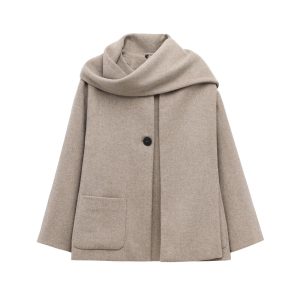 Women's French Style Design Blended Scarf Coat Coat