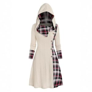 Women's Hooded Sunken Stripe Sweater Long Sleeve Leisure Pullover Dress