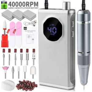 Professional Nail Drill, 40000RPM Electric Nail File For Acrylic Gel Nails Polishing Removing, Rechargeable Portable Cordless Nail Drill Kit With Full Set Of Accessories At Salon Home