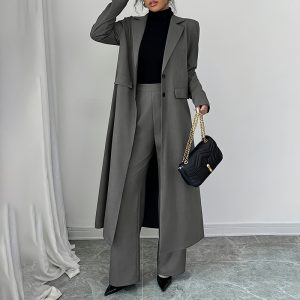 Women's 2 Piece Suit Set, Long Blazer Jacket And Straight Leg Pants, Business Formal Office Outfits For Work, NO Lining