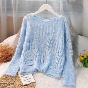 Women's Sweater Pullover Loose Autumn Clothing Retro Twist Hollow Top Short