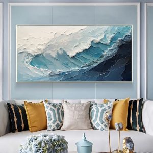 New Abstract Large Size Handmade Oil Painting Blue White Ocean Waves Texture Landscape Painting For Living Room Art Wall Decoration